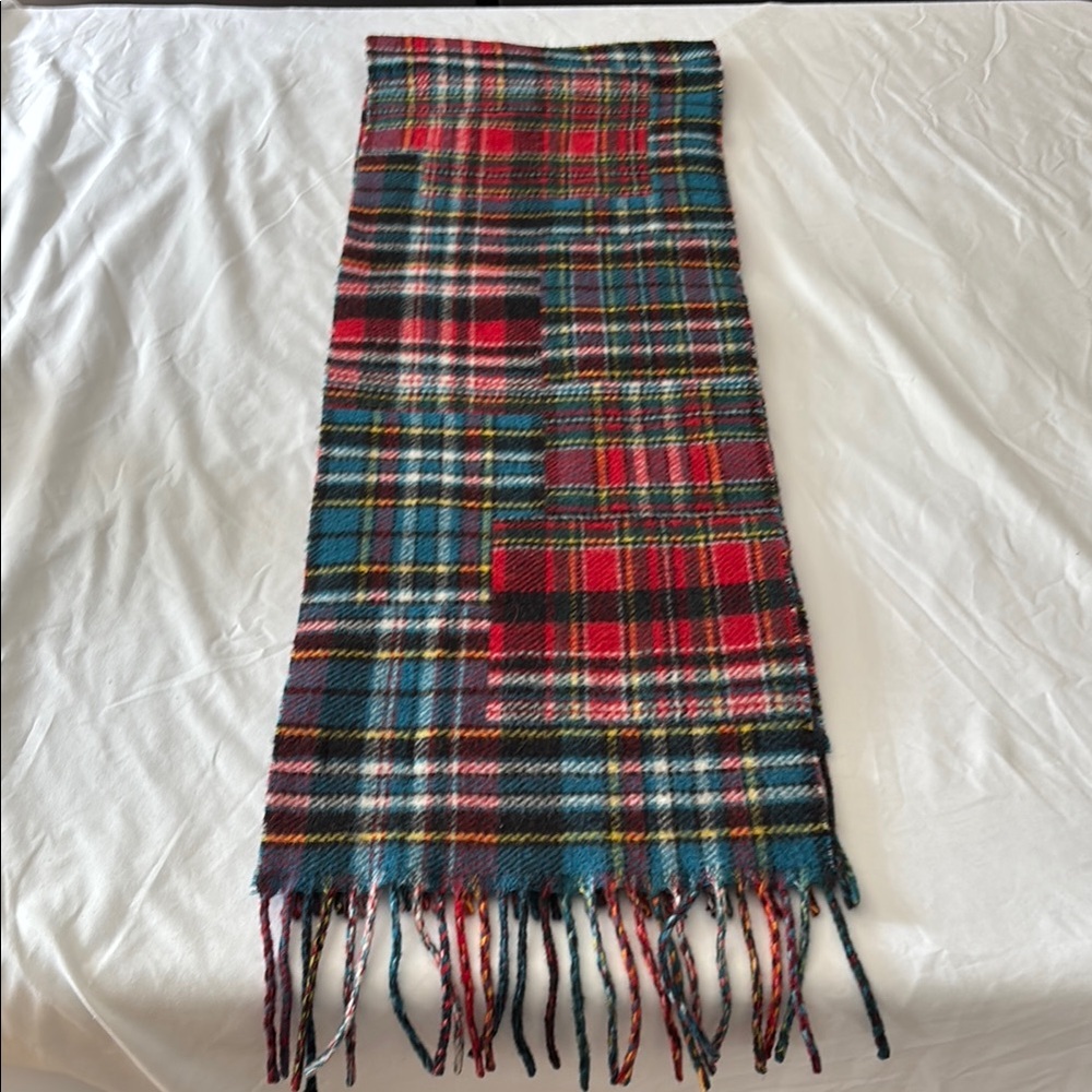 Polo Ralph ITALY Lauren Red Blue WOOL BLEND Plaid FISHING HUNTING PATCHES SCARF - Picture 8 of 12